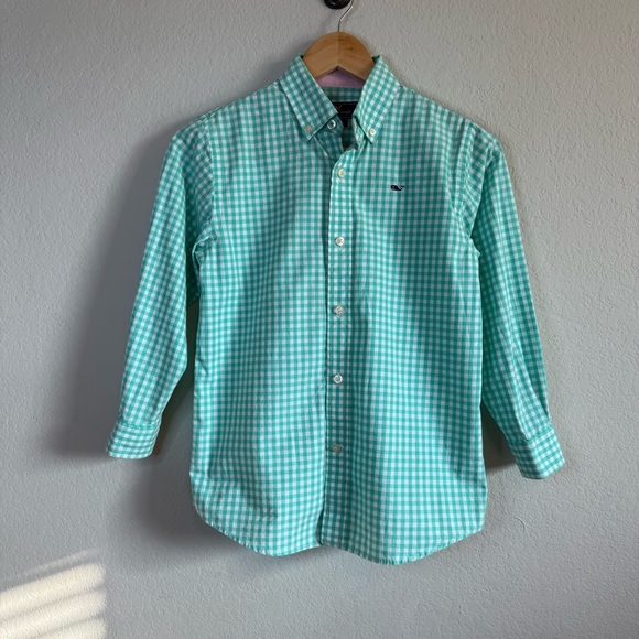 Vineyard Vines Whale Shirt Cotton Green Gingham Button Front Boys Size Small - Picture 1 of 10